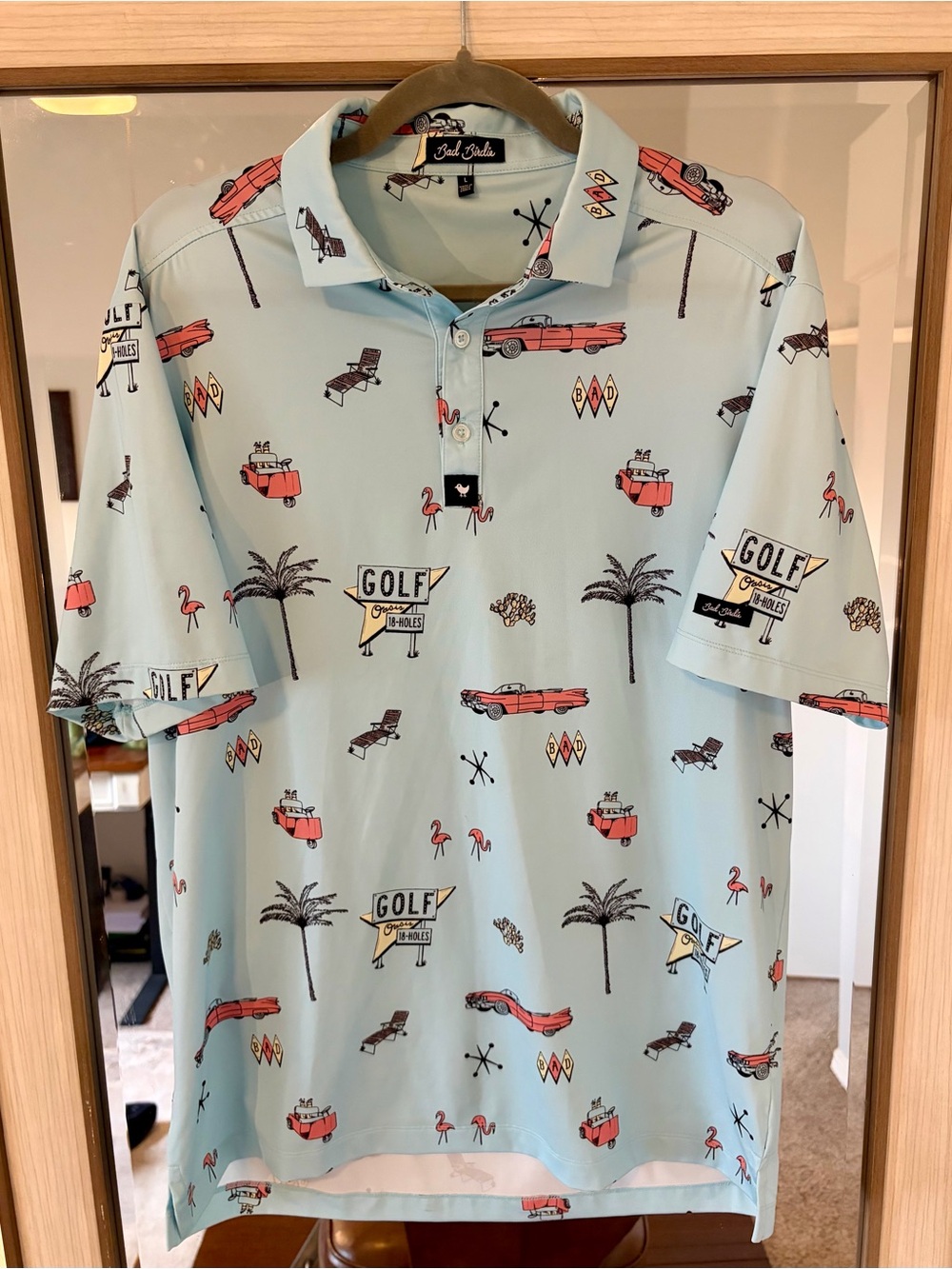 BAD BIRDIE men's golf polo shirt drive in Cars and Flamingos print size Large